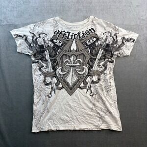 Affliction Graphic Skull T-Shirt Y2K Gothic Distressed White Men's M